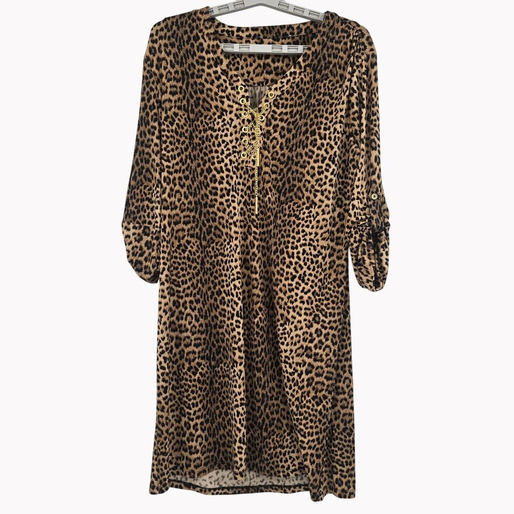 Michael Kors Sz 10 Leopard Print Slinky Stretch Dress Gold Chain Lace Up Detail